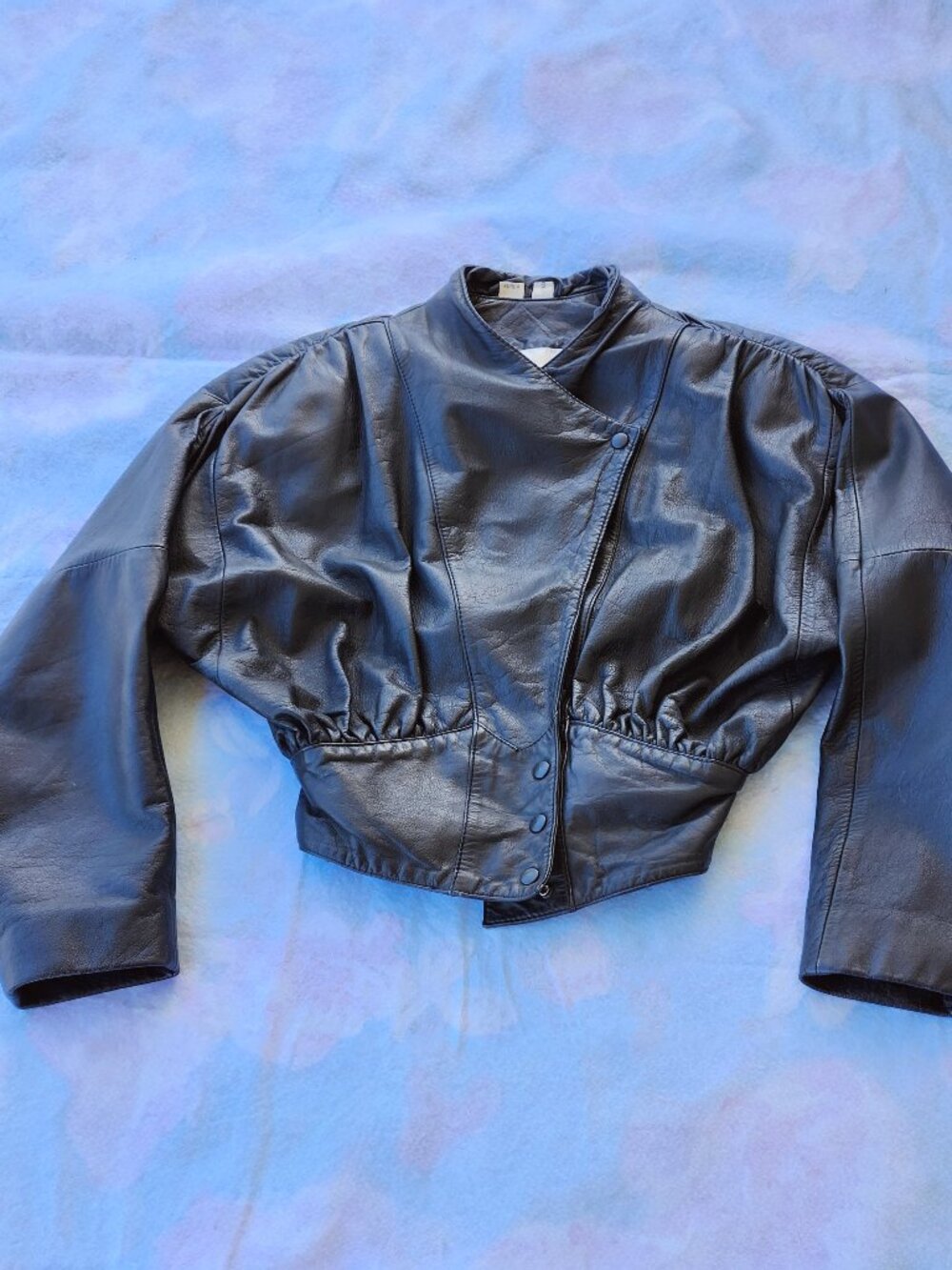 VTG Wilsons Leather Cropped Peplum Jacket Black Snap Front Biker Sz Small